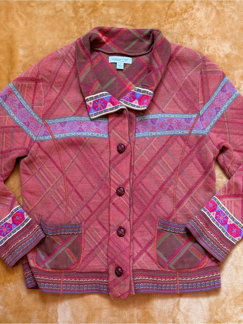 Coldwater Creek Vintage Knit Plaid Button Up Sweater Jacket Size Large